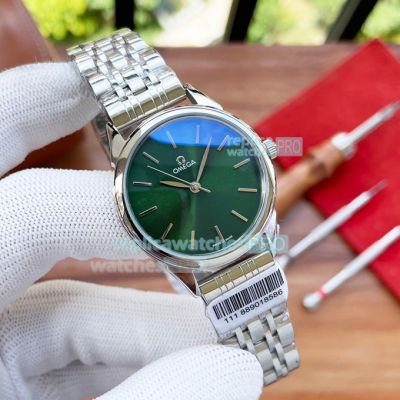 Copy Omega Women Green Face Stainless Steel Strap Silver Bezel Watch 34mm